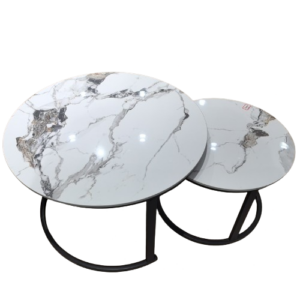 Marble Nesting Coffee Table Set – YZ 063 (Patek White – Black Frame)